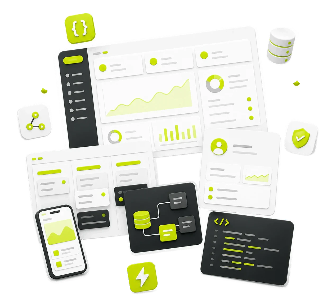 Connected website, app, data and code interfaces forming one practical digital system